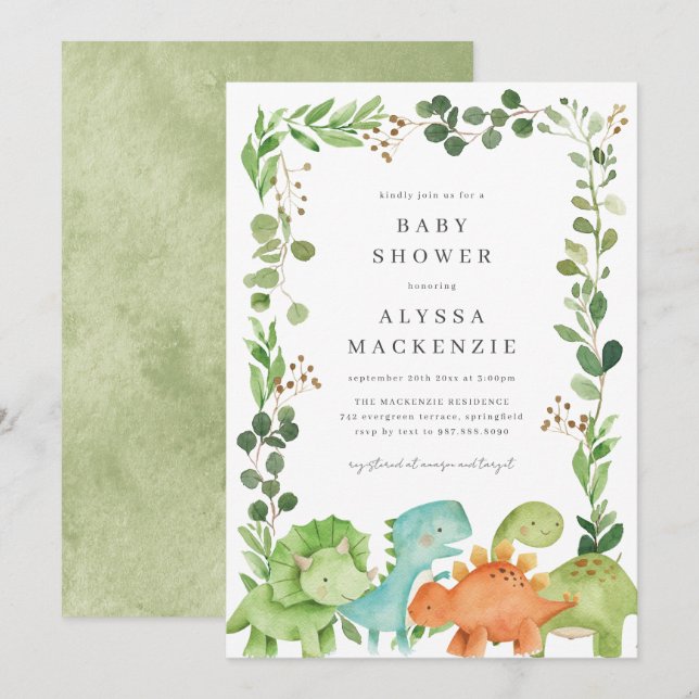 Invitación para Baby Shower de Dinosaurios (Anverso / Reverso)