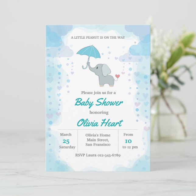 Invitación para Baby Shower de Elefante, Baby Show (Anverso de pie)