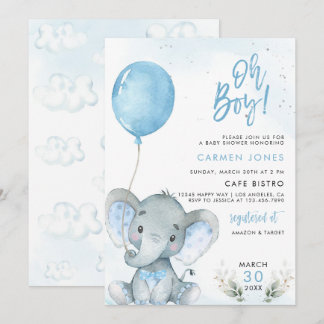 Invitación para baby shower de elefante con globo 