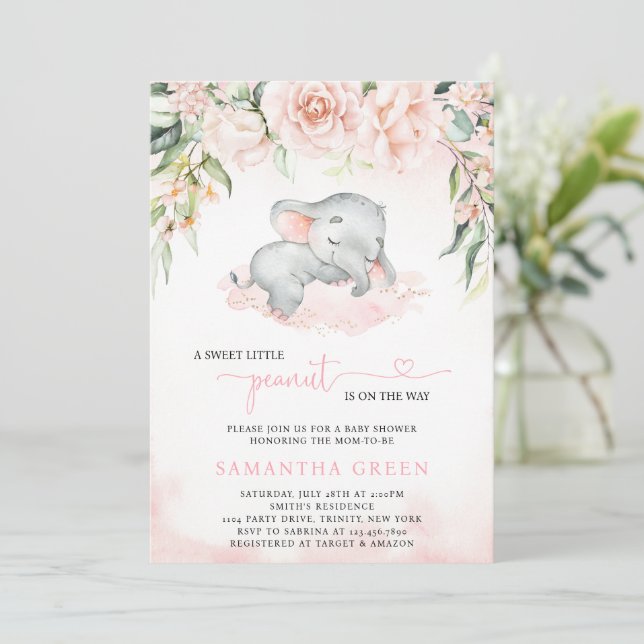 Invitación para Baby Shower de Elefante con Rubor  (Anverso de pie)