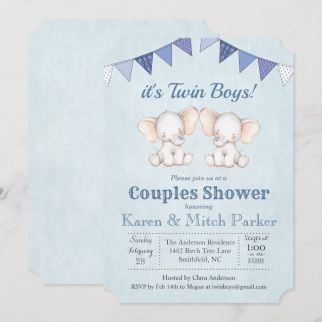 Invitación para Baby Shower de Elefante GEMELAR (Anverso / Reverso)