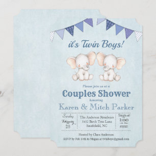 Invitación para Baby Shower de Elefante GEMELAR