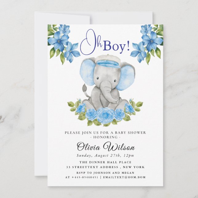 Invitación para Baby Shower de Elefante para Niño  (Anverso)