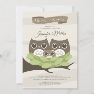 Invitación para baby shower de familia de búho niñ