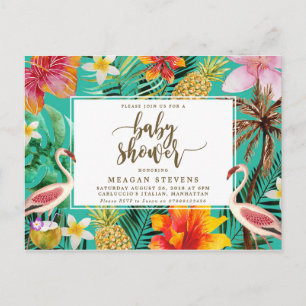 Invitación para baby shower de flamenco tropical