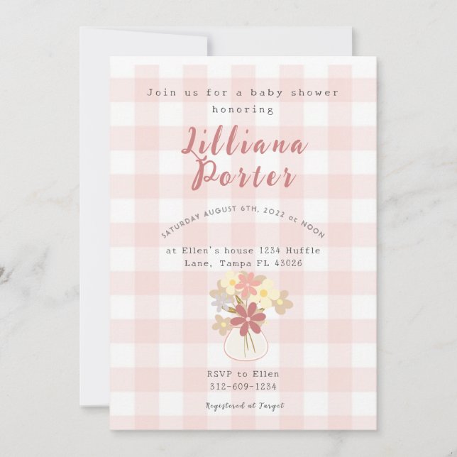 Invitación para baby shower de flores a cuadros ro (Anverso)