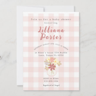 Invitación para baby shower de flores a cuadros ro
