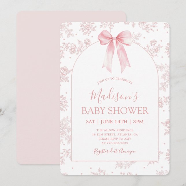 Invitación para baby shower de flores con lazo ros (Anverso / Reverso)