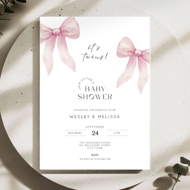 Invitación para Baby Shower de Gemelas Rosadas Niñ (Pink Bow Twins Baby Shower Invitation for Girls)