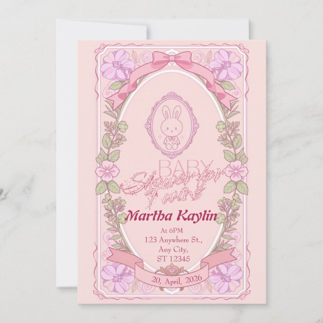 Invitación para baby shower de gemelos Bunny (Anverso)