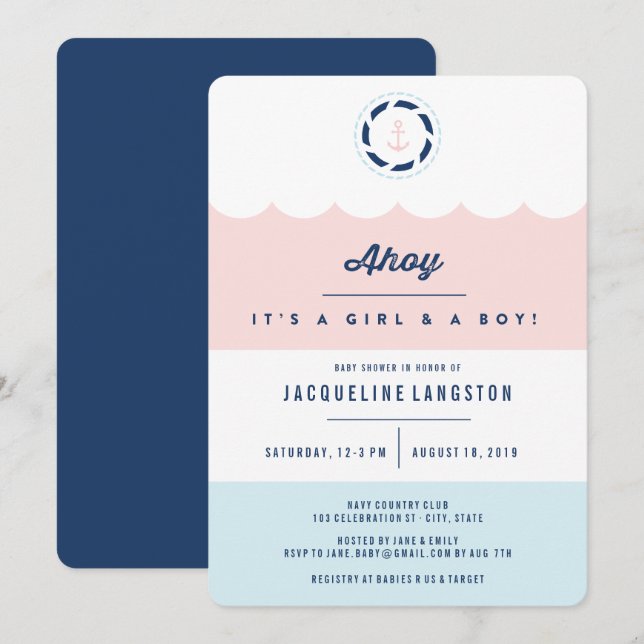 Invitación para Baby Shower de Gemelos Chica Chico (Anverso / Reverso)