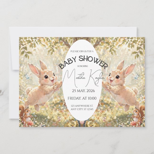 Invitación para baby shower de gemelos conejitos d (Anverso)