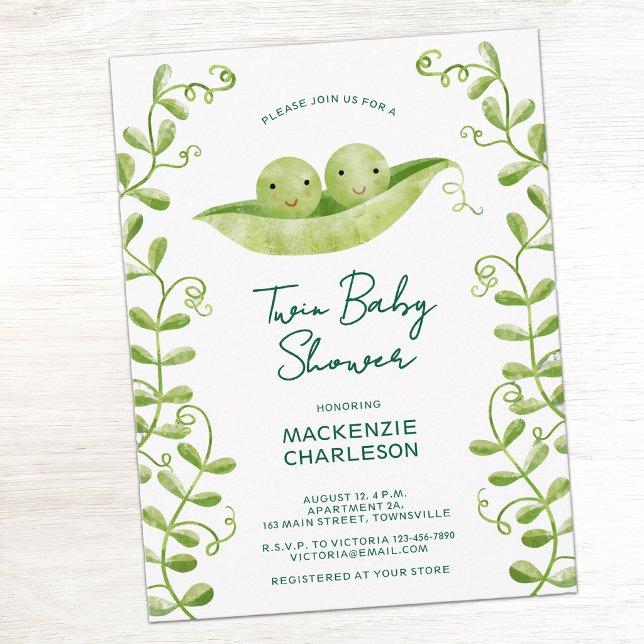 Invitación para baby shower de gemelos Dos Guisant (Two peas in a pod twin baby shower invitation postcards)