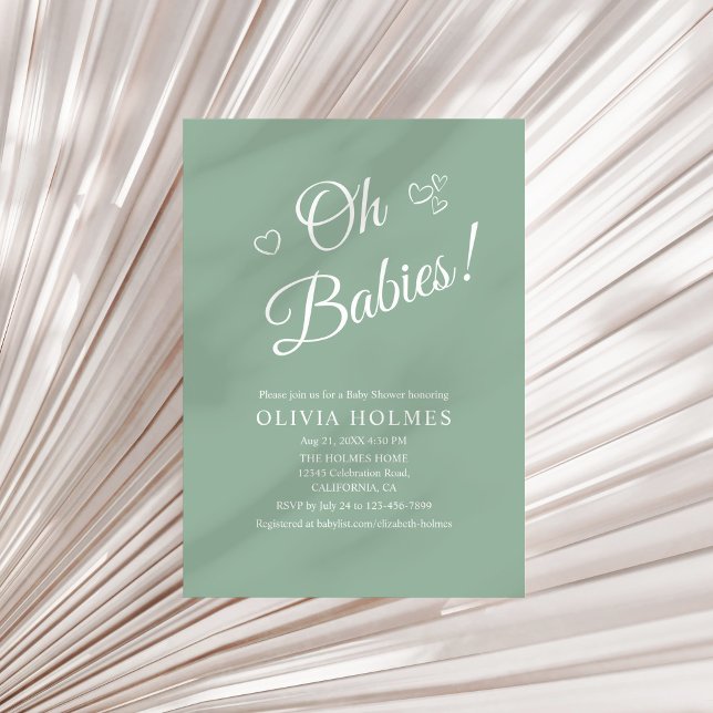 Invitación para baby shower de gemelos en verde sa (Oh Babies Sage Green Twin Baby Shower Invitation on a sunny neutral dry palm leaf.)