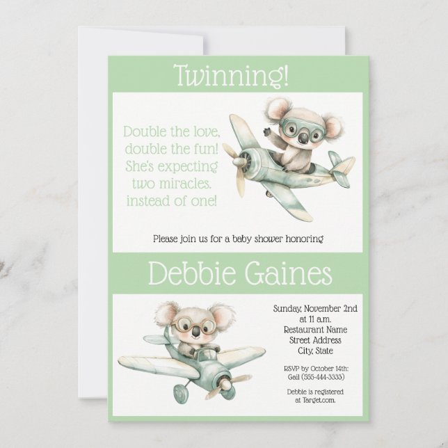 Invitación para Baby Shower de Gemelos Koala | Neu (Anverso)