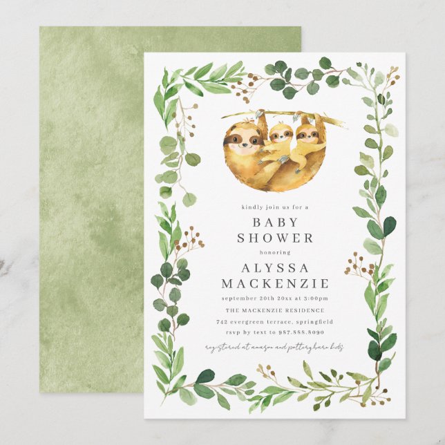 Invitación para baby shower de gemelos perezosos (Anverso / Reverso)