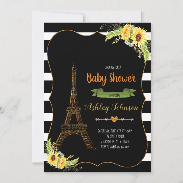 invitación para baby shower de girasol parisino (Anverso)