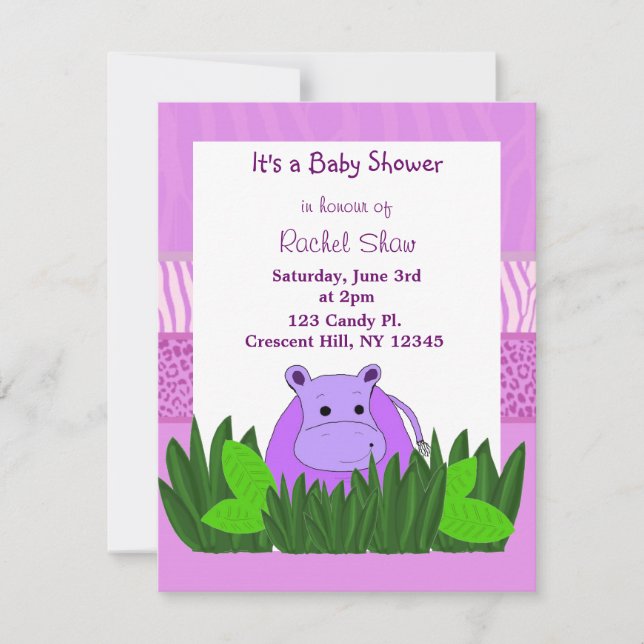 Invitación para Baby Shower de Hipopótamo Morado (Anverso)