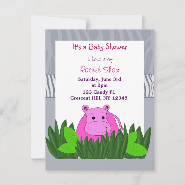 Invitación para baby shower de hipopótamo rosa (Anverso)
