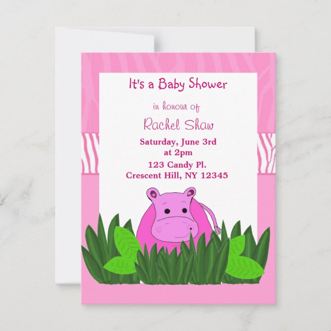Invitación para baby shower de hipopótamo rosa (Anverso)