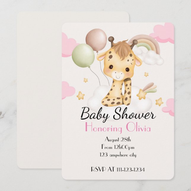 INVITACIÓN PARA BABY SHOWER DE JIRAFA ROSA (Anverso / Reverso)