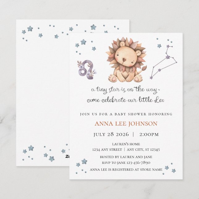 Invitación para baby shower de Leo Zodiac (Anverso / Reverso)