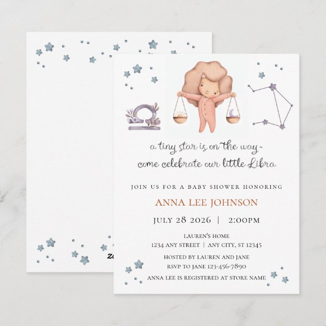 Invitación para Baby Shower de Libra Zodiaco (Anverso / Reverso)
