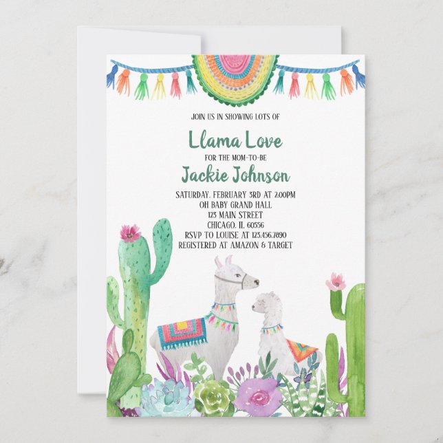 Invitación para Baby Shower de Llama (Anverso)