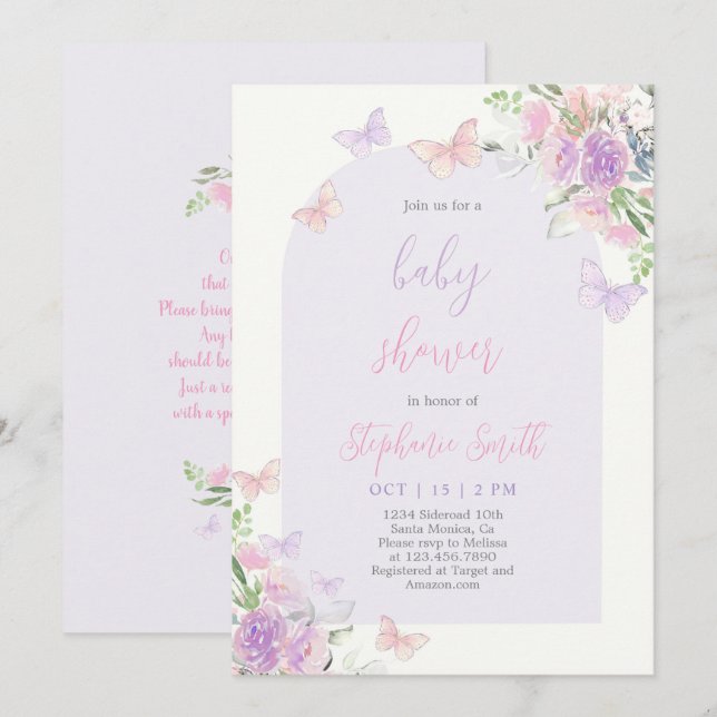 Invitación para Baby Shower de Mariposa (Anverso / Reverso)