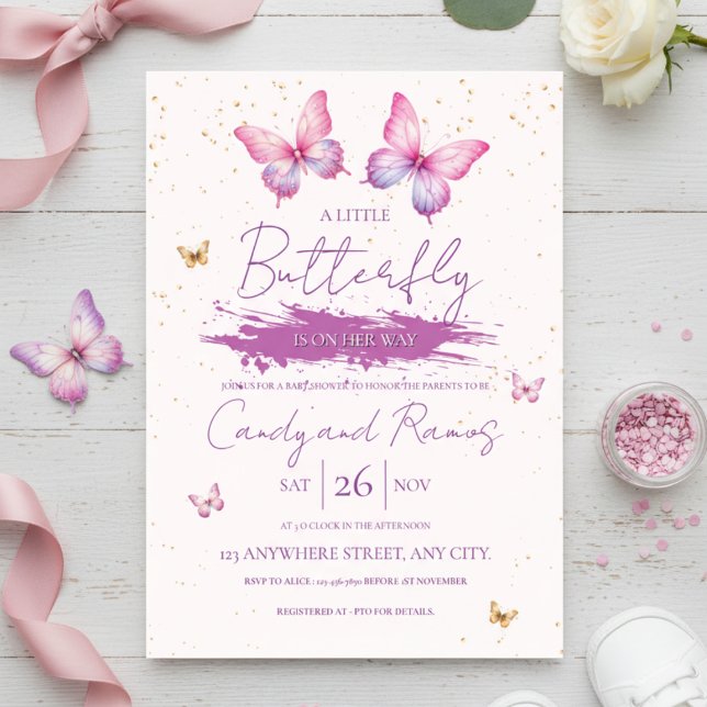 Invitación para Baby Shower de Mariposa (A little butterfly is on her way – pink and purple baby shower invitation design.)