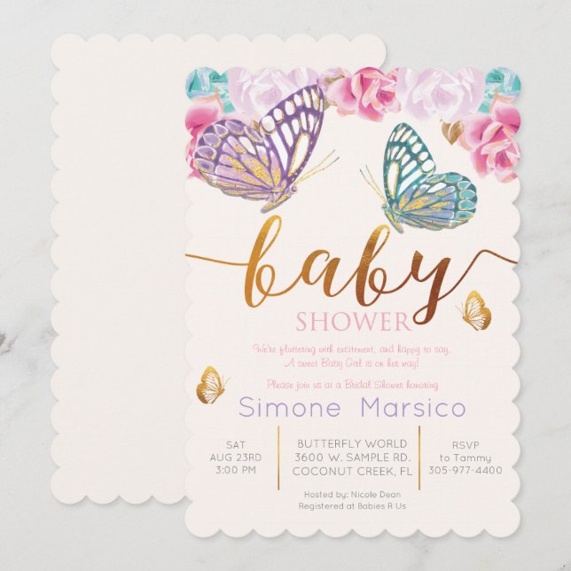 Invitación para Baby Shower de Mariposa (Anverso / Reverso)