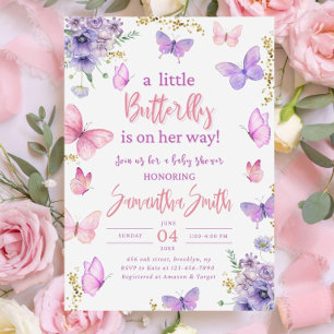 Invitación para Baby Shower de Mariposa, Rosa Púrp