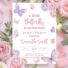 Invitación para Baby Shower de Mariposa, Rosa Púrp