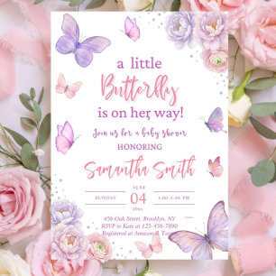 Invitación para Baby Shower de Mariposa, Rosa Púrp