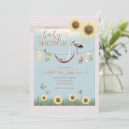 Invitación para Baby Shower de Niña con Cigüeña y