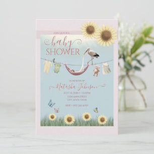 Invitación para Baby Shower de Niña con Cigüeña y 