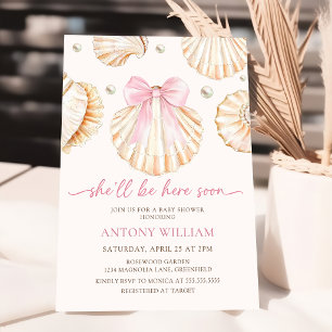 Invitación para baby shower de niña con lazos rosa