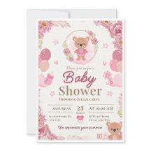 Invitación para Baby Shower de Niña con Oso de Pel