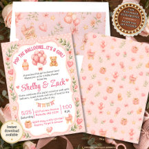 Invitación para baby shower de niña Pop the Balloo