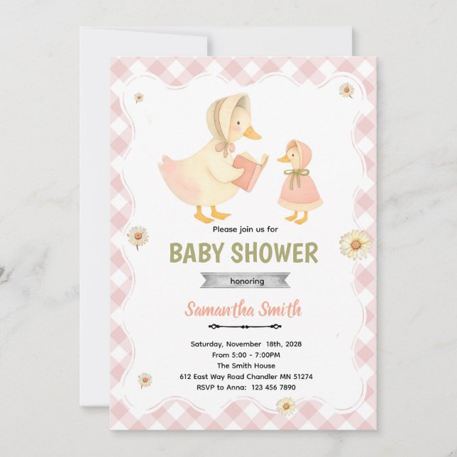 Invitación para baby shower de niña Silly Goose (Anverso)