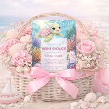 Invitación para baby shower de niña tortuga bajo e