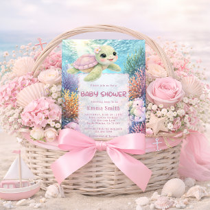 Invitación para baby shower de niña tortuga bajo e