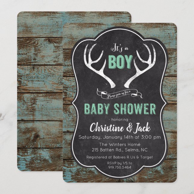 Invitación para baby shower de niño con cuerno de  (Anverso / Reverso)