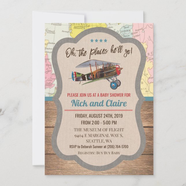 Invitación para baby shower de niño con mapa de av (Anverso)