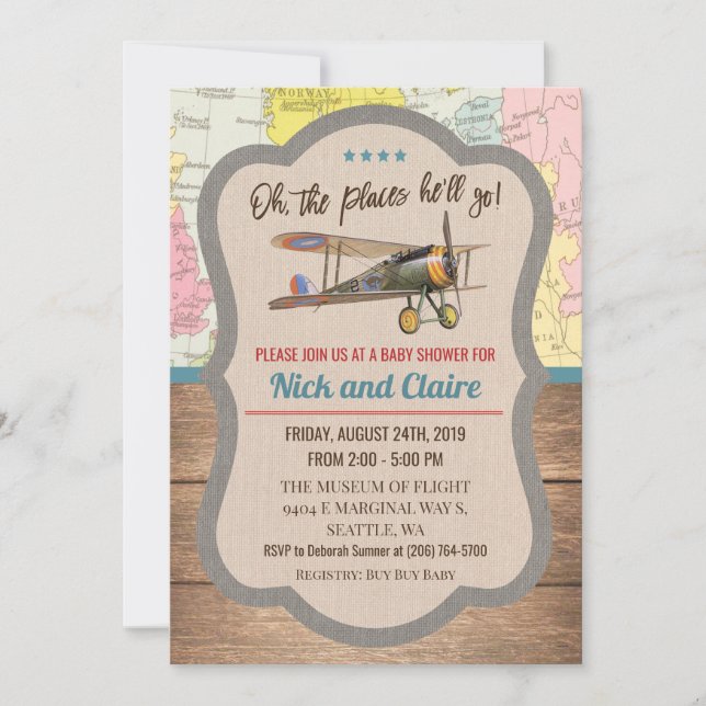 Invitación para baby shower de niño con mapa de av (Anverso)
