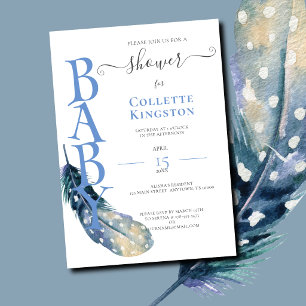 Invitación para baby shower de niño con pluma azul
