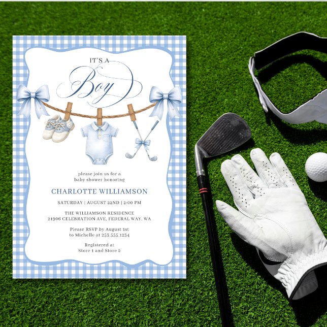 Invitación para Baby Shower de Niño Golf Blue Ging (Golf Blue Gingham Clothesline Baby Boy Shower Invitation)