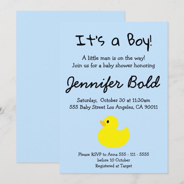 Invitación para baby shower de Niño Pato Amarillo (Anverso / Reverso)