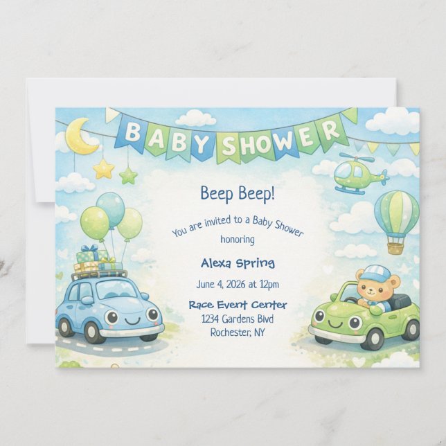 Invitación para Baby Shower de Niño Tema de Coche (Anverso)