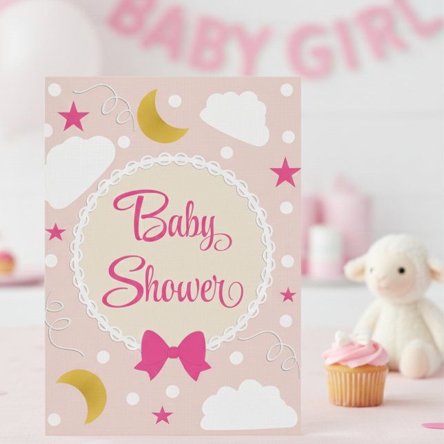 Invitación para baby shower de nubes y estrellas d (Soft pretty pink baby shower invite for the little girl on the way. Hand drawn with you in mind.)